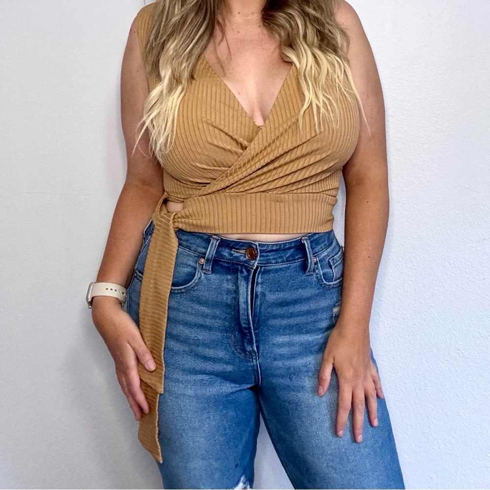 Vintage La Belle Tan Sleeveless Crop Wrap Top